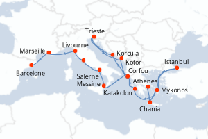 carte itinéraire croisière Sicile 21 jours au départ du port de Athenes