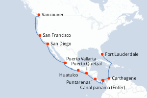 carte itinéraire croisière Transatlantique 20 jours au départ du port de Fort Lauderdale