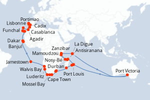 carte itinéraire croisière Mer Rouge Océan Indien 59 jours au départ du port de Lisbonne