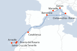 carte itinéraire croisière Méditerranée 10 jours au départ du port de Santa Cruz de Tenerife