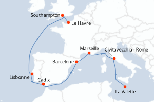 Carte de l'itinéraire de croisière Le Havre-La Valette d'une durée de 11 jours