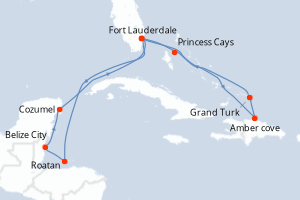 Carte itinéraire croisière États-Unis, Honduras, Belize, Mexique, Bahamas, République Dominicaine - 14 jours au départ de Fort Lauderdale - Caraïbes Bahamas