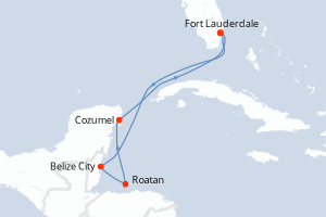 Carte itinéraire croisière États-Unis, Belize, Honduras, Mexique - 7 jours au départ de Fort Lauderdale - Caraïbes Bahamas