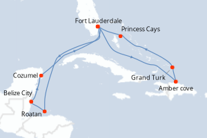 Carte itinéraire croisière États-Unis, République Dominicaine, Bahamas, Honduras, Belize, Mexique - 14 jours au départ de Fort Lauderdale - Caraïbes Bahamas