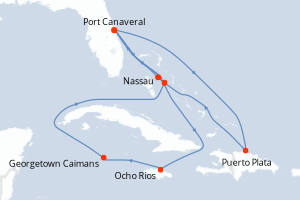 Carte de l'itinéraire de croisière Port Canaveral-Port Canaveral d'une durée de 14 jours