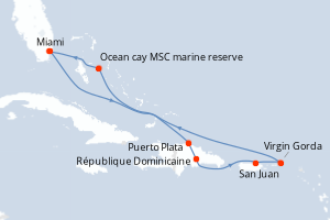 carte itinéraire croisière Caraïbes Bahamas 9 jours au départ du port de Miami