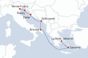 Carte de l'itinéraire de croisière Venise Fusina-Le Piree - Athenes d'une durée de 7 jours