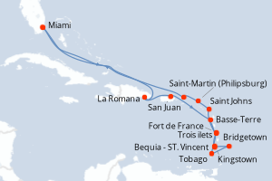 carte itinéraire croisière Caraïbes Bahamas 17 jours au départ du port de Miami