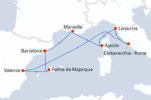 Carte de l'itinéraire de croisière Barcelone-Barcelone d'une durée de 8 jours