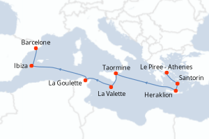 carte itinéraire croisière Sicile 9 jours au départ du port de Le Piree - Athenes