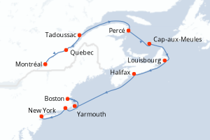Carte de l'itinéraire de croisière Montréal-New York d'une durée de 12 jours