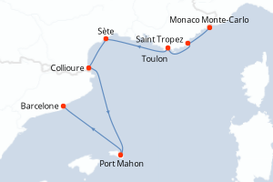 Carte de l'itinéraire de croisière Monaco Monte-Carlo-Barcelone d'une durée de 7 jours