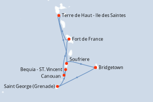 Carte de l'itinéraire de croisière Bridgetown-Bridgetown d'une durée de 7 jours