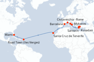carte itinéraire croisière Transatlantique 22 jours au départ du port de Miami