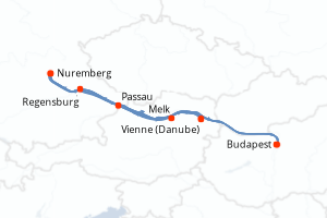 Carte de l'itinéraire de croisière Budapest-Budapest d'une durée de 7 jours