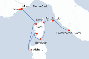 carte itinéraire croisière Sardaigne 7 jours au départ du port de Civitavecchia - Rome