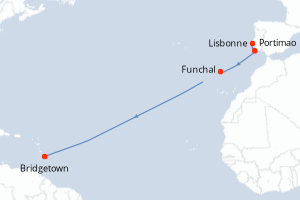 Carte de l'itinéraire de croisière Lisbonne-Bridgetown d'une durée de 15 jours