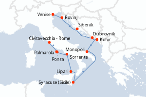 Carte de l'itinéraire de croisière Venise-Civitavecchia - Rome d'une durée de 11 jours