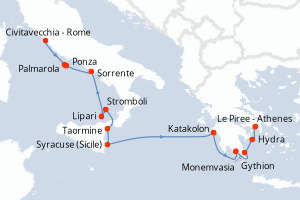 carte itinéraire croisière Sicile 11 jours au départ du port de Civitavecchia - Rome