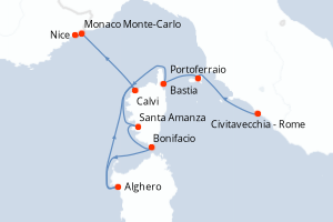 carte itinéraire croisière Sardaigne 7 jours au départ du port de Civitavecchia - Rome
