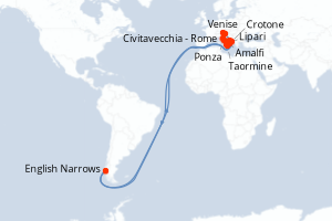 carte itinéraire croisière Sicile 11 jours au départ du port de Civitavecchia - Rome