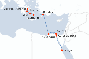 Carte de l'itinéraire de croisière Safaga-Le Piree - Athenes d'une durée de 11 jours