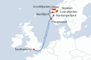 Carte itinéraire croisière Norvège, Royaume-Uni - 7 jours au départ de Southampton - Europe du Nord