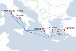 carte itinéraire croisière Méditerranée 9 jours au départ du port de Civitavecchia - Rome