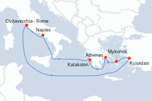carte itinéraire croisière Méditerranée 9 jours au départ du port de Civitavecchia - Rome