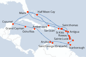 carte itinéraire croisière Caraïbes Bahamas 32 jours au départ du port de Miami