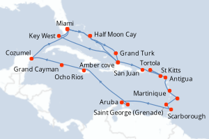 carte itinéraire croisière Caraïbes Bahamas 28 jours au départ du port de Miami