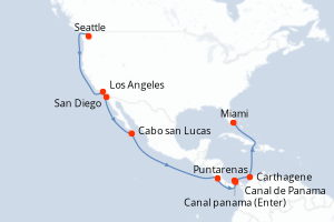 Carte de l'itinéraire de croisière Seattle-Puntarenas d'une durée de 19 jours