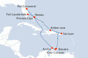 carte itinéraire croisière Caraïbes Bahamas 13 jours au départ du port de Fort Lauderdale