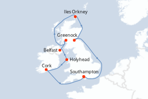 Carte de l'itinéraire de croisière Southampton-Southampton d'une durée de 10 jours