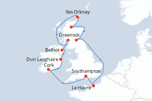 Carte de l'itinéraire de croisière Southampton-Southampton d'une durée de 12 jours
