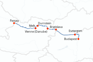 Carte de l'itinéraire de croisière Budapest-Budapest d'une durée de 10 jours