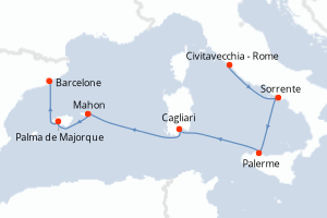 carte itinéraire croisière Sicile 6 jours au départ du port de Civitavecchia - Rome