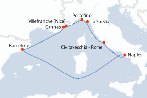 Carte de l'itinéraire de croisière Barcelone-Barcelone d'une durée de 7 jours