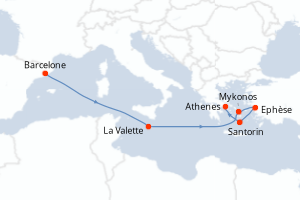 Carte de l'itinéraire de croisière Barcelone-Le Piree - Athenes d'une durée de 7 jours