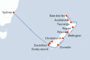 Carte de l'itinéraire de croisière Auckland-Sydney d'une durée de 11 jours