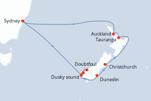 Carte de l'itinéraire de croisière Sydney-Sydney d'une durée de 11 jours