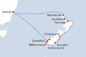 carte itinéraire croisière Australie Nouvelle Zélande 12 jours au départ du port de Sydney