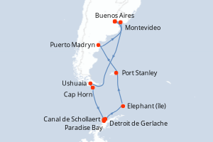 Carte de l'itinéraire de croisière Buenos Aires-Buenos Aires d'une durée de 14 jours