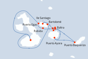 Carte de l'itinéraire de croisière Baltra-Baltra d'une durée de 7 jours
