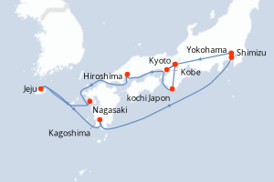 carte itinéraire croisière Asie 12 jours au départ du port de Yokohama