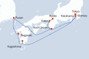 Carte de l'itinéraire de croisière Yokohama-Tokyo d'une durée de 12 jours
