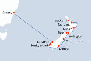 Carte de l'itinéraire de croisière Auckland-Sydney d'une durée de 13 jours