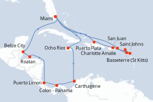 carte itinéraire croisière Caraïbes Bahamas 21 jours au départ du port de Miami