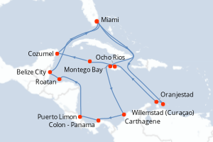 carte itinéraire croisière Caraïbes Bahamas 21 jours au départ du port de Miami