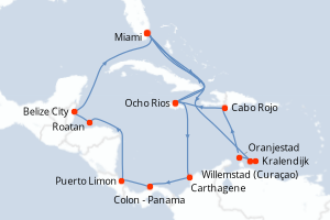 Carte itinéraire croisière États-Unis, Pays-Bas, Aruba, République Dominicaine, Jamaïque, Colombie, Panama, Costa Rica, Honduras, Belize - 21 jours au départ de Miami - Caraïbes Bahamas